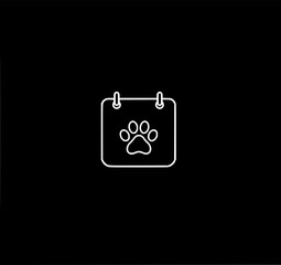 Pet Calendar Reminder: A minimalist line art illustration depicts a calendar with a paw print, symbolizing pet appointments or events, in a simple monochrome style.