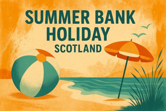 A stylized illustration depicting a summer bank holiday scene in Scotland featuring a beach ball and a sun umbrella