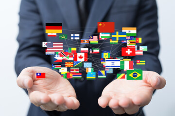 Image of diverse flags interconnected, symbolizing global business, trade, and international...