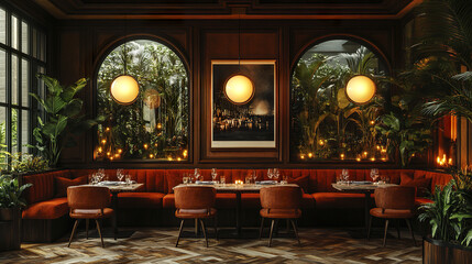 Sophisticated evening dining room with plush seating and elegant decor