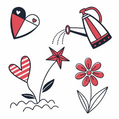 Watering can and hearts flowers growing garden illustration © RABBI