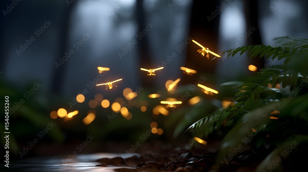 Poster ethereal fireflies illuminating the enchanting dark forest, creating a serene and magical atmosphere