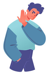 Irritated dissatisfied young man makes Stop gesture with his hand turning away from object of irritation. Concept of asserting personal boundaries, power to refuse. Topic of psychology