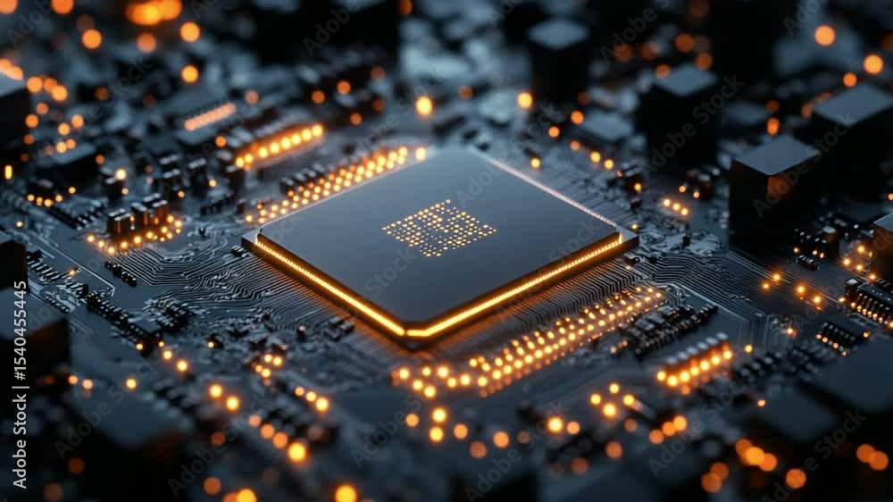 Poster Advanced Microchip: A close-up view of an advanced microchip, symbolizing technological innovation and data processing, with glowing circuits and intricate details. 