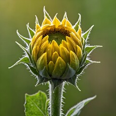Close-Up of Dew-Kissed Sunflower Bud – Nature’s Early Bloom Beauty