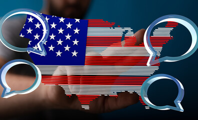 USA map graphic with chat icons, representing digital communication and networking in the United...