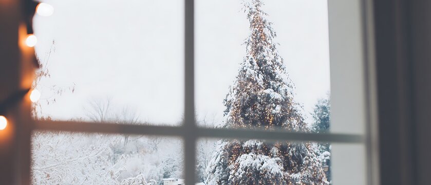 Snowy winter scene through a window