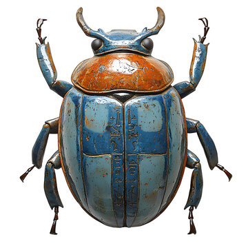 Ancient Nubian faience scarab, Napatan period, blue-glazed beetle form with hieroglyphic base, isolated on a white background