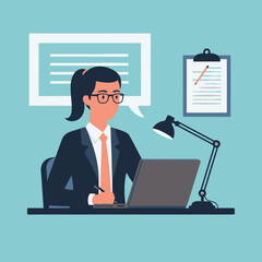 Businesswoman at Desk Working on Laptop With Documents and Communication