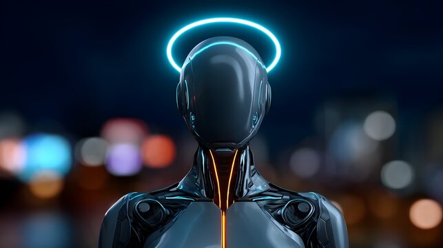 A robotic figure with a luminous, neon-like halo stands in a dimly lit, futuristic city landscape, serving as a guardian or protector in a science fiction-inspired scene.