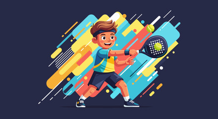 Cheerful Boy Playing Padel Tennis with Racket and Ball