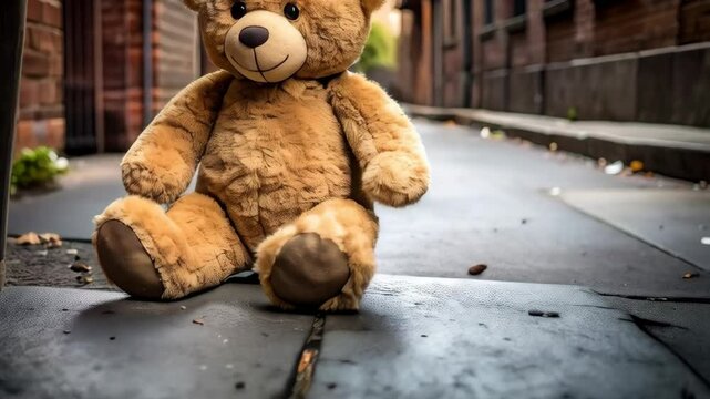 Lonely teddy bear sits abandoned in a desolate urban alleyway next to a black trash bin, forgotten childhood toy, emotional concept