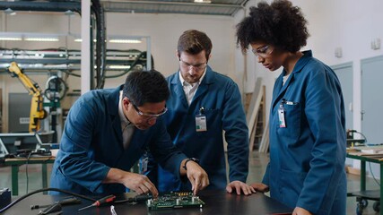 Diverse group of engineers working at robotics factory – AI generative model - Powered by Adobe