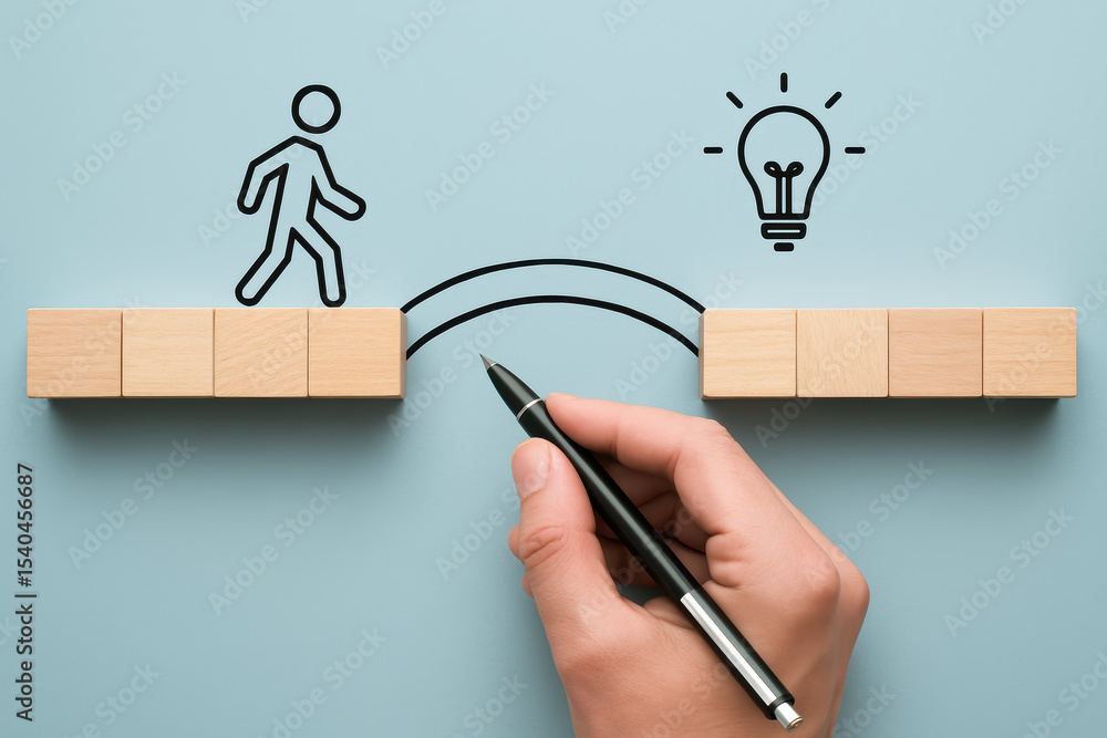 Poster bridging ideas and progress a sketches a path from a stepping figure to a glowing lightbulb symboliz