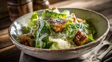 Classic Caesar salad with crisp romaine lettuce, grated parmesan, crunchy croutons, and creamy dressing in a rustic ceramic bowl, soft side light emphasizing fresh textures and glistening dressing