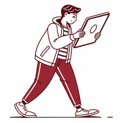 Young man walking using tablet digital device technology