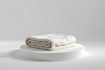 ディスプレイされた心地よい折りたたみタオル &mdash; 丁寧に折りたたまれたふんわりとしたタオルが、ミニマルな台座の上に美しく展示されており、快適さと穏やかさを感じさせる静かなクローズアップです。