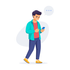 Young man using smartphone with thought bubble, clean cutout, transparent background