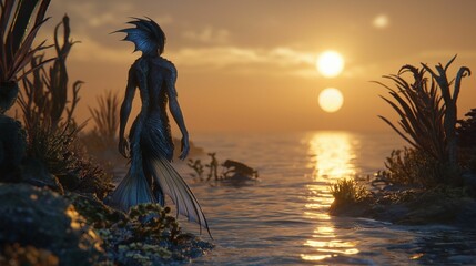 Mystical creature in ocean sunset