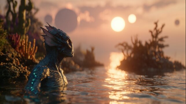 Alien creature in a sunset landscape - Powered by Adobe