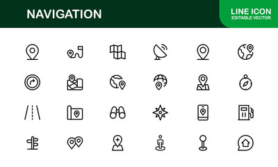Vector Navigation Icons Collection Including Compass, Map Pins, GPS Markers, and Directional Symbols