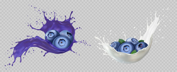 Blueberry in splash. 3D realistic bilberry juice cream. Fruit liquid yogurt splashing. Falling fresh drops. Natural blackberry and dairy drips. Healthy dessert. Vector isolated elements set