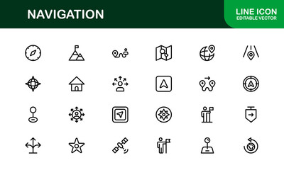 Vector Navigation Icons Collection Including Compass, Map Pins, GPS Markers, and Directional Symbols