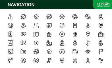 Vector Navigation Icons Collection Including Compass, Map Pins, GPS Markers, and Directional Symbols