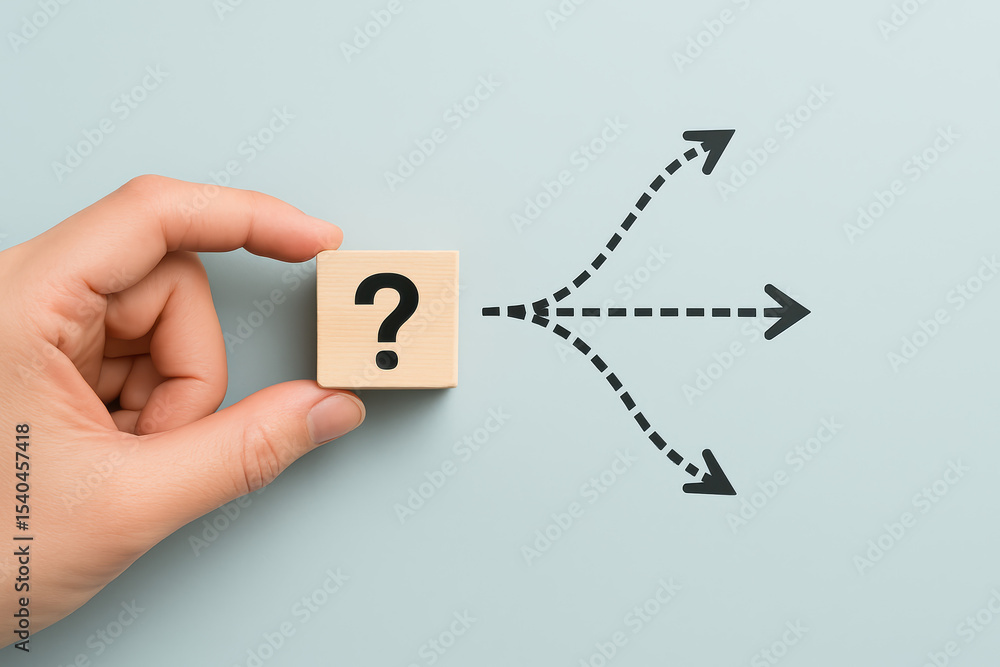 Poster holding a cube marked with a question symbol a person contemplates varied paths ahead illustrating d