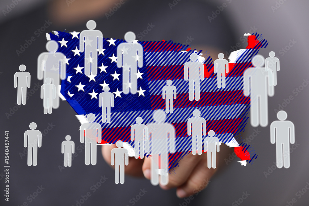 Poster Visual representation of US population density and demographics, showing distribution across states.