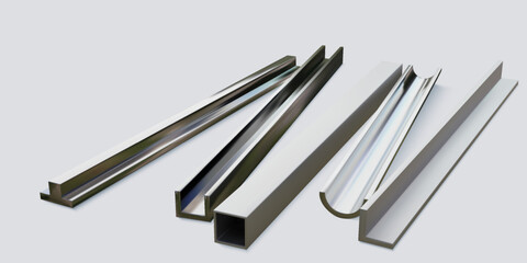 Steel bar. Aluminum metal profile or iron square angle rolled stock. Chrome girder. Stainless 3D fittings. Round metallic tube. Architecture columns. Vector construction objects set
