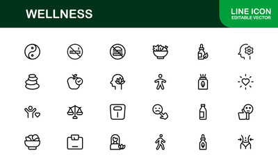 Vector Wellness Icons Collection Including Yoga, Mindfulness, Nutrition, and Relaxation Symbols