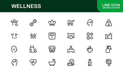 Vector Wellness Icons Collection Including Yoga, Mindfulness, Nutrition, and Relaxation Symbols