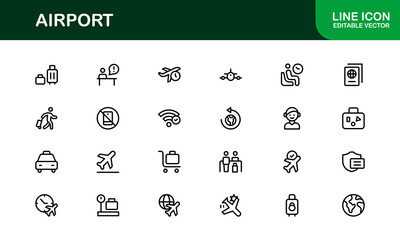 Airport Icon Set Featuring Airplanes, Terminals, Luggage, and Travel Symbols in Vector Style