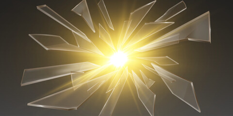 Obraz premium Shattered glass explosion with bright yellow light burst on dark background