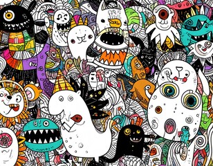 Monsters abstract doodle art pattern.