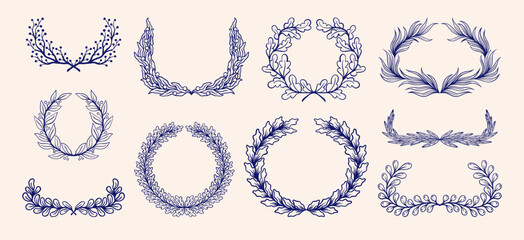 Floral design elements. Hipster vintage crown, hand drawn laurel wreath or nature leaves garland. Botanical branches round frames. Card design elements. Foliage bouquet vector trendy pattern