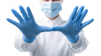 Close up of surgeon wearing surgical mask, hairnet and gloves, showing hands in protective blue medical latex gloves on transparent background