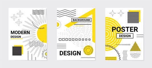 Poster design. Minimalistic geometric creative design. Templates set. Abstract modern minimal background. Business graphic, notebook cover. Black and yellow colors. Vector illustration
