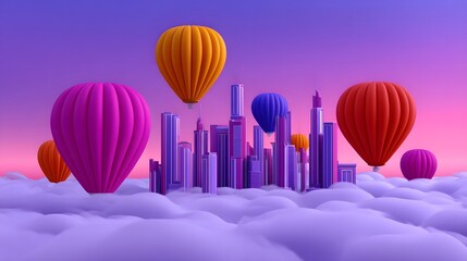 Obraz premium A dreamlike scene of vibrant, surreal hot air balloons of various hues drifting above a futuristic urban landscape in the distance