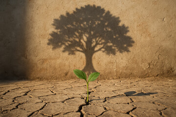 The growth a small seedling in cracked dry soil symbolizes progress and resilience reflecting potential for success and stability