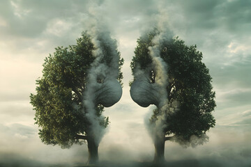 Surreal tree silhouettes resembling human lungs in misty landscape
