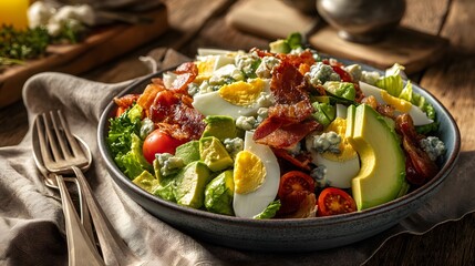 Colorful cobb salad with crisp romaine, ripe avocado slices, cherry tomatoes, hard-boiled eggs, crispy bacon, and blue cheese crumbles in a deep ceramic bowl, morning light accentuating fresh textures