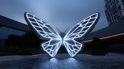A giant, luminous butterfly sculpture resting on the facade of a modern, architecturally striking building, creating a fusion of nature and technology.