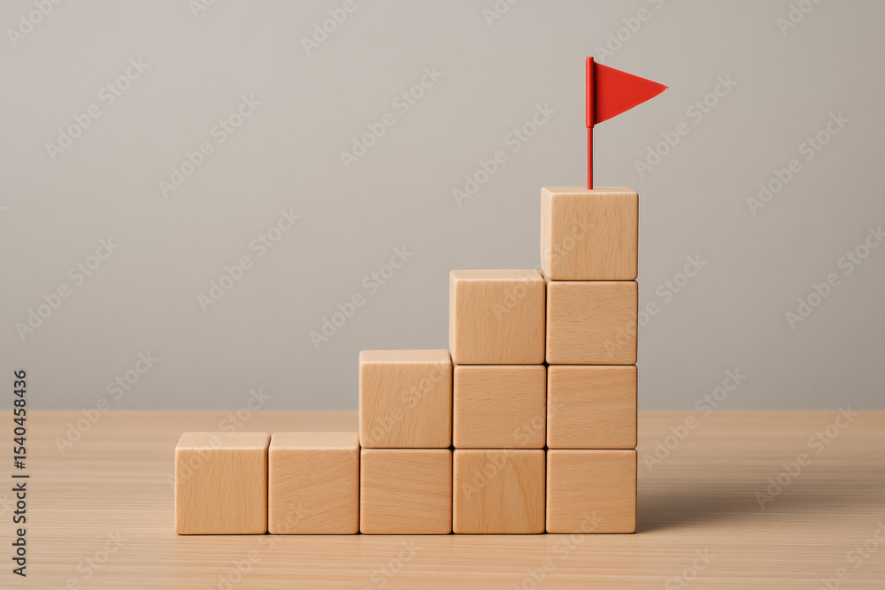 Poster progress and achievement are symbolized by a rising staircase wooden blocks topped with a small red 