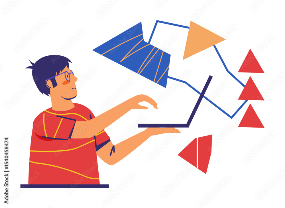 Aufkleber creative mind. businessman working at laptop. geometric shapes. innovation solution. startup idea. b