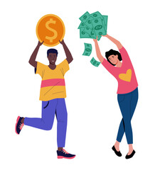 People with coins. Cartoon woman holding banknotes heap. Happy man carrying gold cash. Financial profit. Investment success. Money savings. Millionaire poses. Vector rich persons set