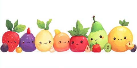 Animated Fruit: A vibrant illustration features a line of whimsical fruits, each with their own unique personality and cheerful expression, creating a delightful and playful composition.