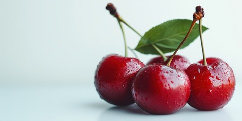 Fresh Cherry Delight: A close-up shot highlights the vivid redness and water droplets on ripe cherries.