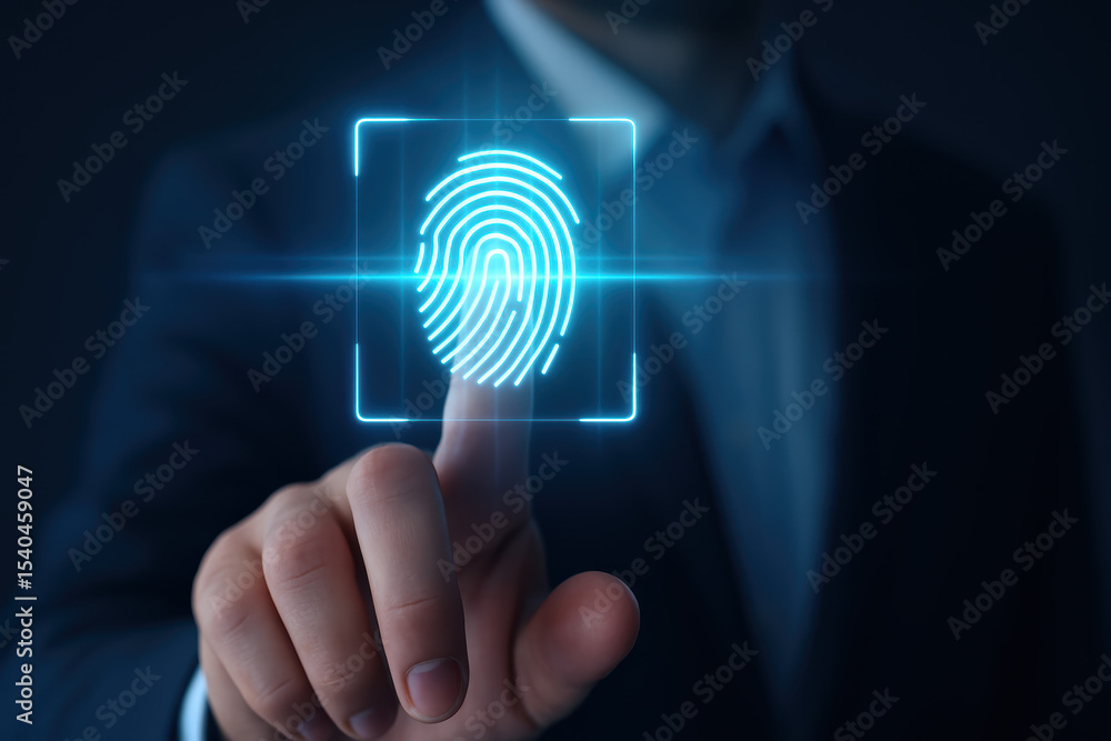 Poster a person in formal attire interacts with a digital fingerprint scan symbolizing security and identif